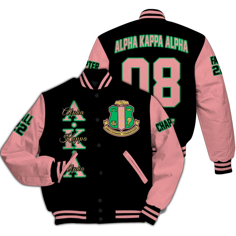 Ireishprint A.K.A Custom Chapter Varsity Jacket, Personalized Black Mix Salmon Pink Varsity Jacket 1908 Sorority Jacket