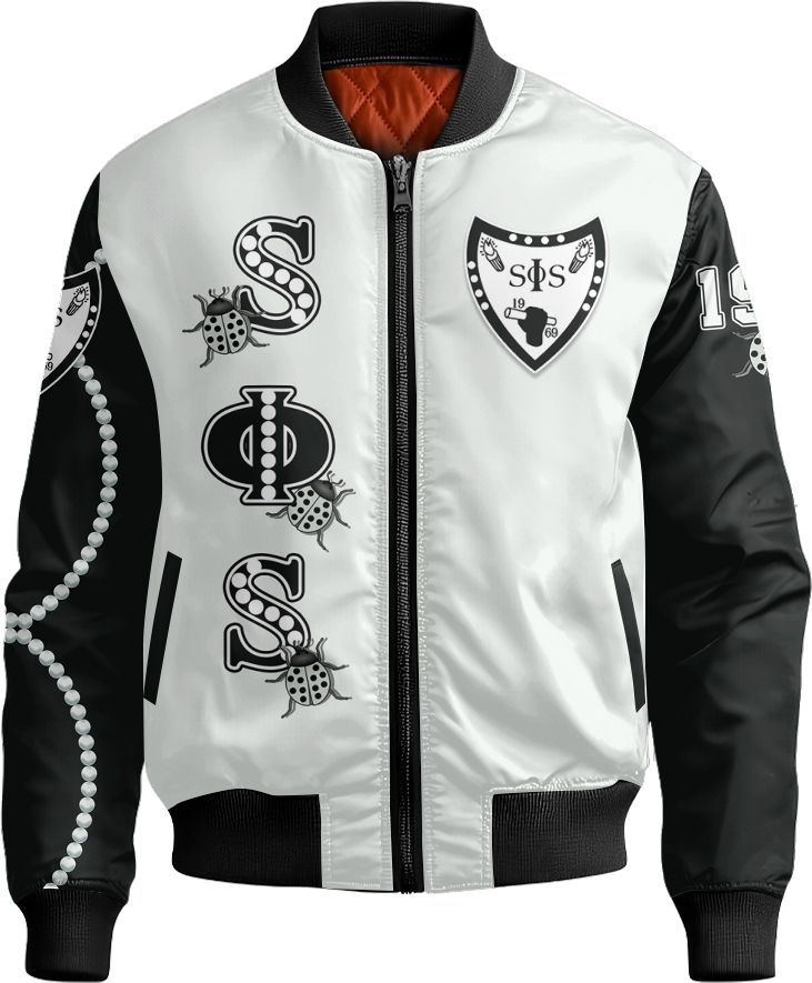 Ireishprint Swing Phi Swing Bomber Jacket, White Duo Swing Phi Swing Social Fellowship Sorority Bomber Jacket
