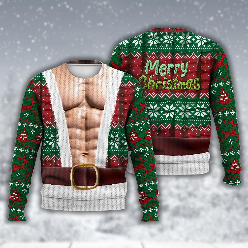 Amare Box Faux Real Six Pack Realistic Ugly Christmas Sweater, Santa Meme Funny Christmas Knit Xmas Design Gift