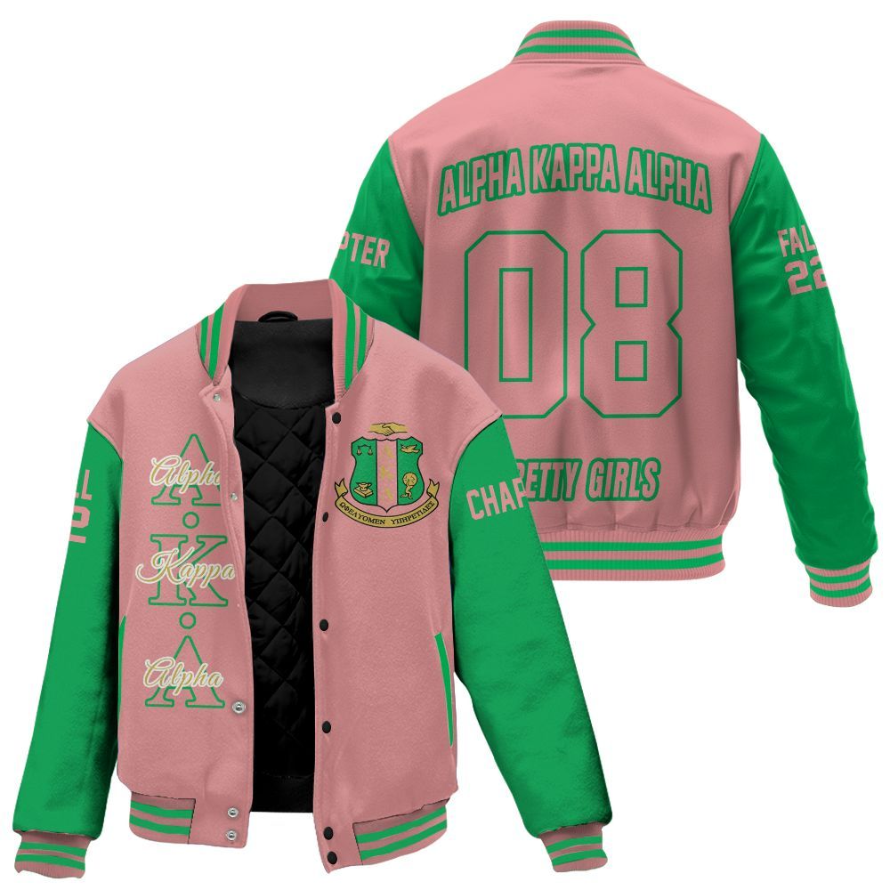 Ireishprint A.K.A Custom Chapter Stitched Jacket, Personalized Salmon Pink Mix Apple Green 1908 Sorority Embroidered Jacket