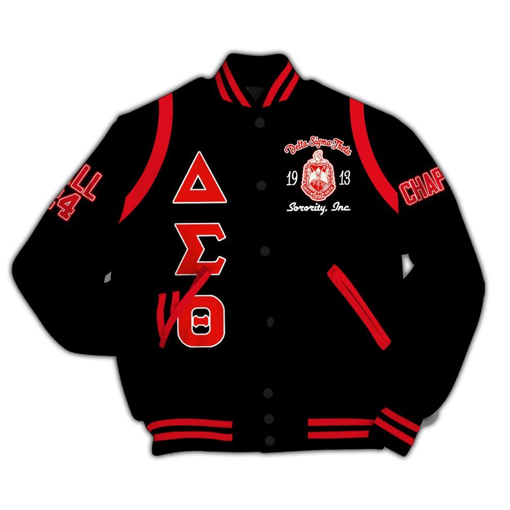 Ireishprint Delta Sigma Theta Custom Chapter Varsity Jacket, Delta Sigma Theta Crimson Shoulder Line Black Jacket 1913 Sorority Jacket