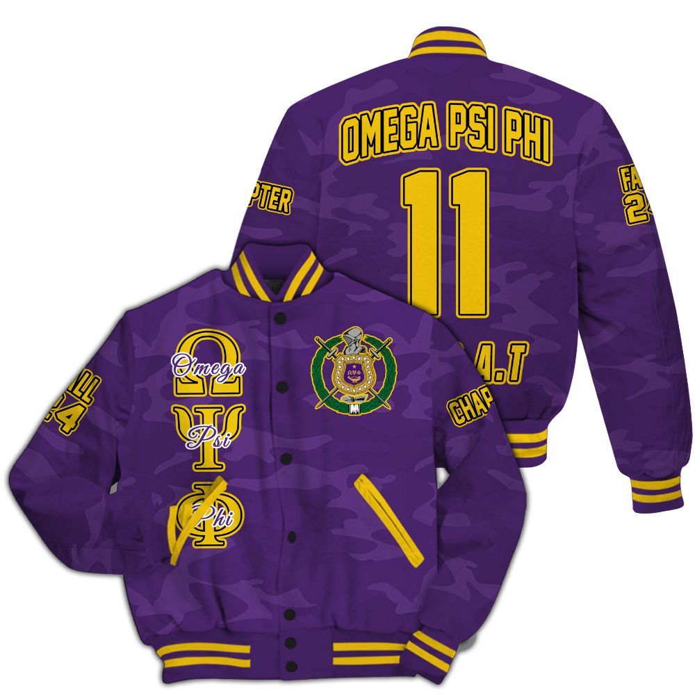 Ireishprint ΩΨΦ Custom Chapter Varsity Jacket, Personalized Camo Old Gold Sleeve Varsity Jacket ΩΨΦ Fraternity Jacket