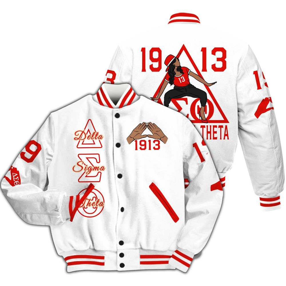 Ireishprint Delta Sigma Theta Varsity Jacket, Delta Girl Hand Sign White Varsity Jacket Delta Sigma Theta Sorority Jacket