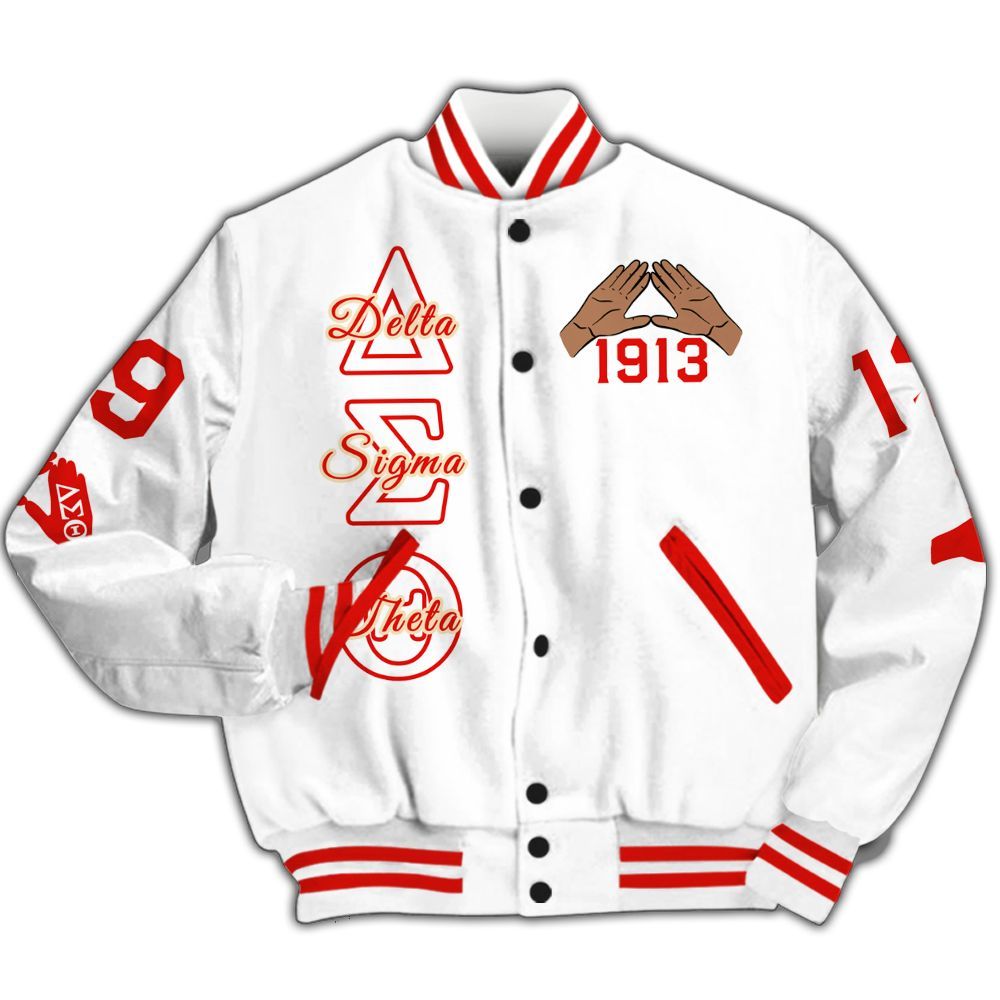 Ireishprint Delta Sigma Theta Varsity Jacket, Delta Girl Hand Sign White Varsity Jacket Delta Sigma Theta Sorority Jacket