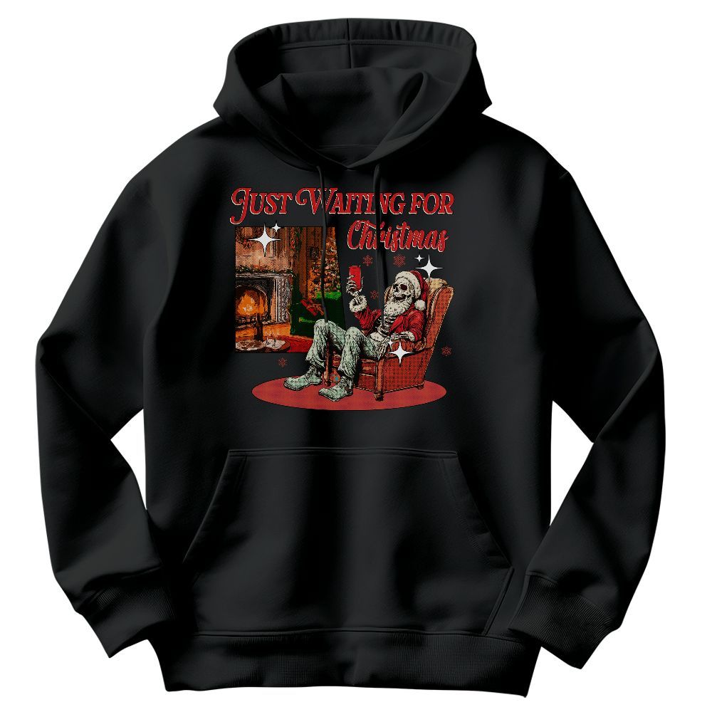 Amare Box Skeleton Santa Just Waiting For Christmas Shirt, Santa Hat Christmas, Funny Santa Merry Xmas Unisex Hoodie