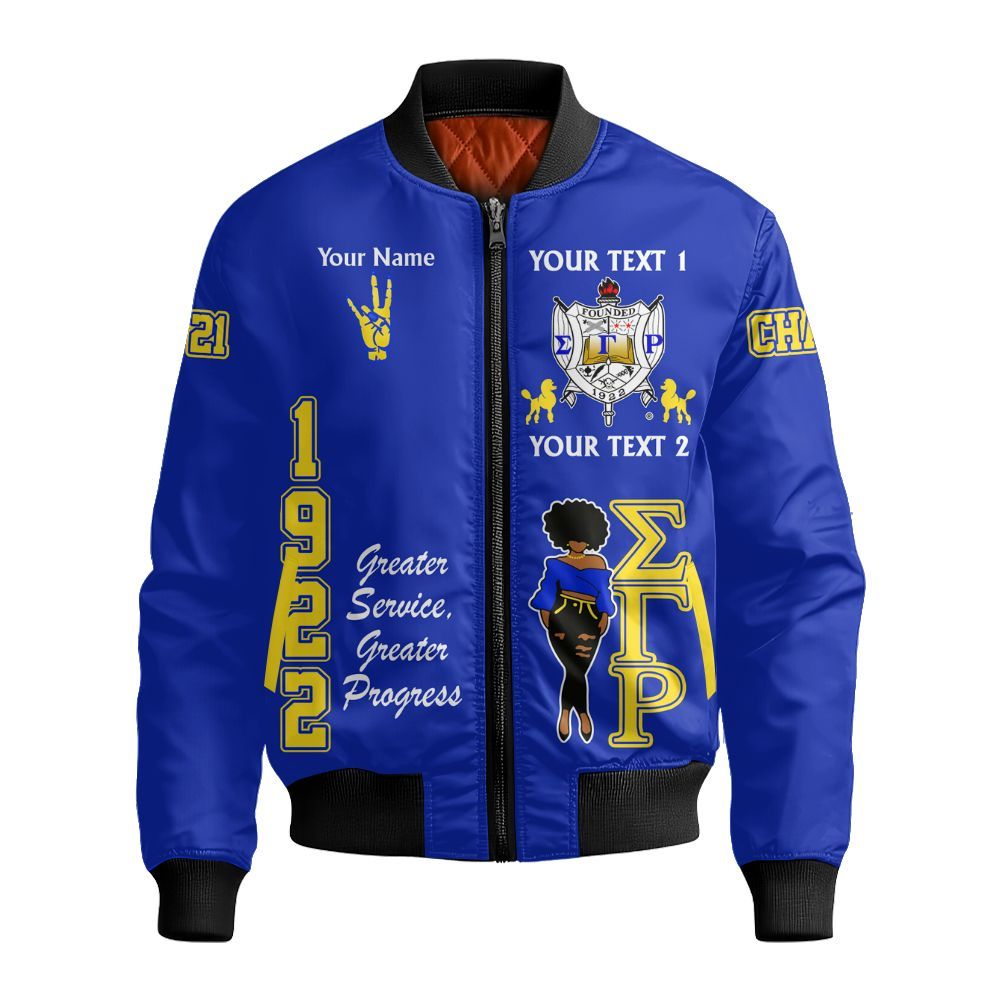 Ireishprint Sigma Gamma Rho Custom Full Line Bomber Jacket, Gold Duo Blue Crest Highlight Style 1922 Sorority Bomber Jacket