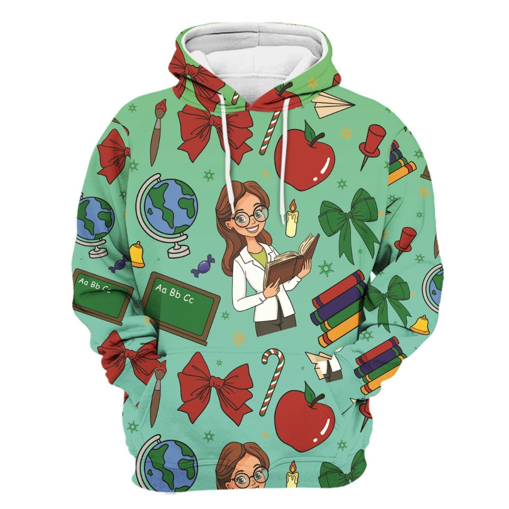 Amare Box Teacher, Apple, Book, Blackboard, Globe Christmas Shirt, Teacher Xmas, Teach Stuff, Gift For Teacher Unisex Hoodie