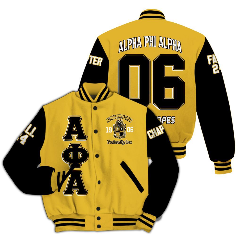 Ireishprint ΑΦΑ Custom Chapter Varsity Jacket, Sporty Gold ΑΦΑ Black Sleeves Jacket Fraternity Jacket