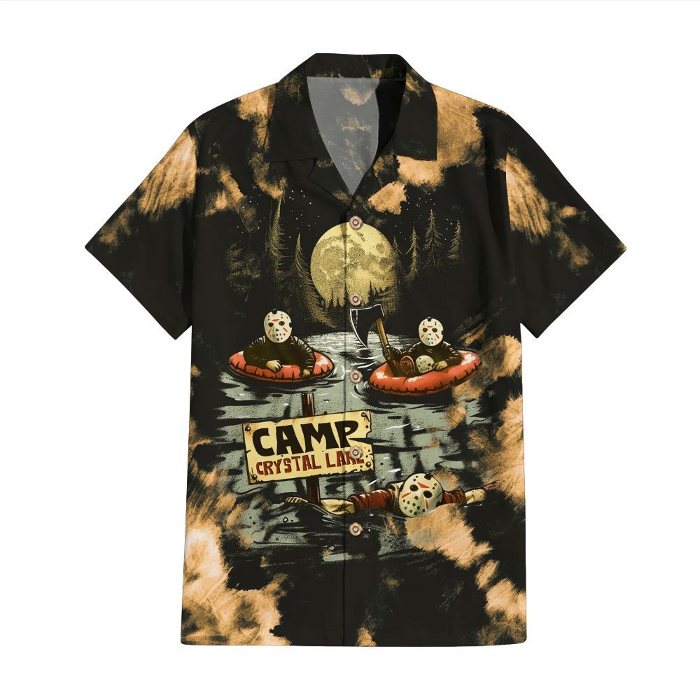 Amare Box Horror Halloween Slasher Sublimated Tie Dye Shirt, Hockey Mask Crystal Lake Graphic Unisex Hawaii Shirt, Short