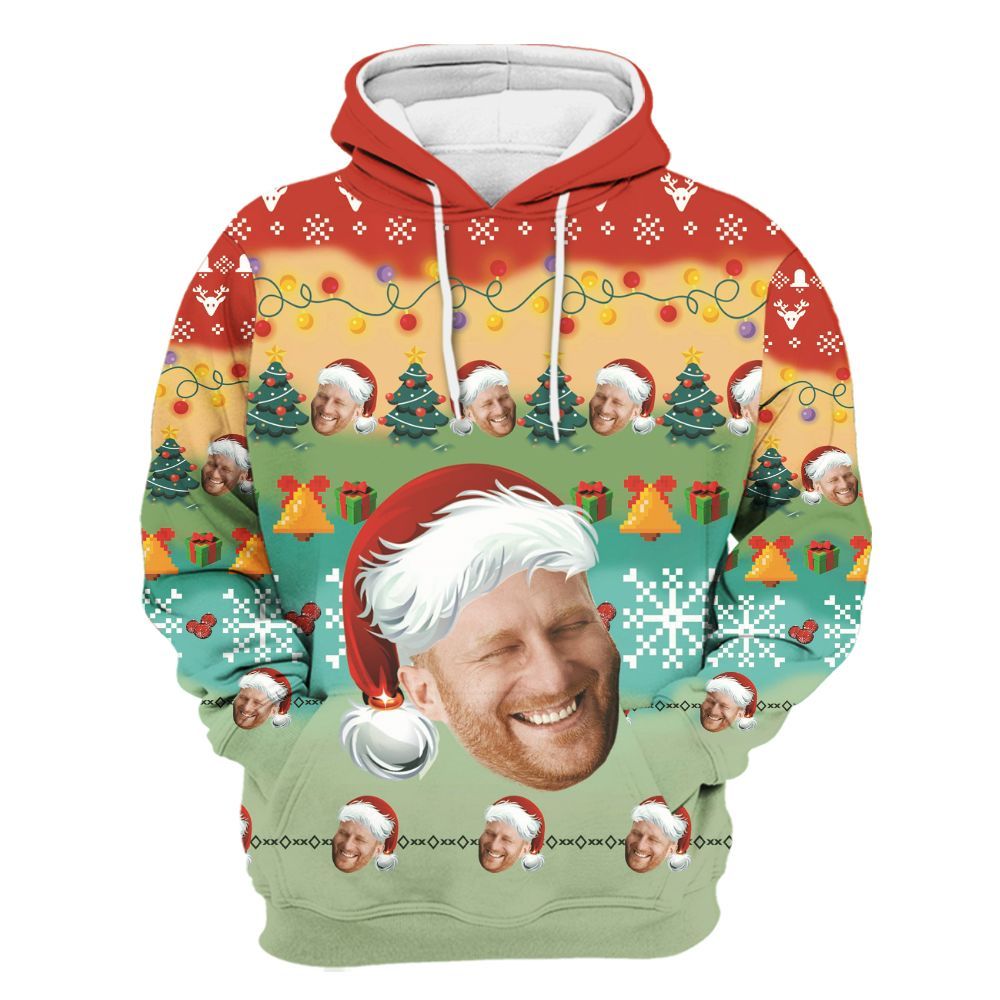 Amare Box Personalized Photo Colorful Funny Merry X-mas, Custom Face Merry Xmas Party Gift For Dad, Uncle Unisex Hoodie