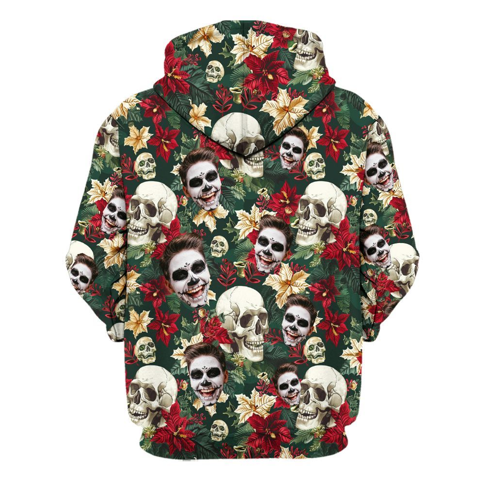 Amare Box Custom Face Photo Halloween Hawaiian Shirt, Personalized Face Halloween Party Floral Skull Unisex Hoodie