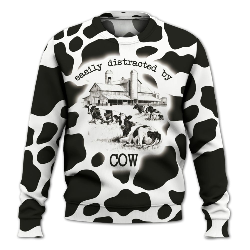 Amare Box Cow Farm Shirt, Easily Distracted By Cow, Dairy Cow, Funny Cow, Farm Cow, Cow Lover Shirt, Drawing Gift Shirt For Farmer Knitted Sweater