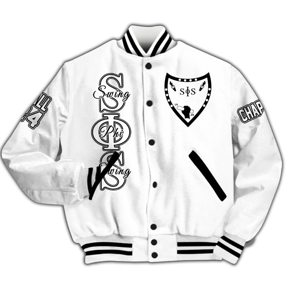 Ireishprint Swing Phi Swing Custom Chapter Varsity Jacket, Custom Varsity Jacket White Varsity Jacket Swing Phi Swing Sorority Jacket