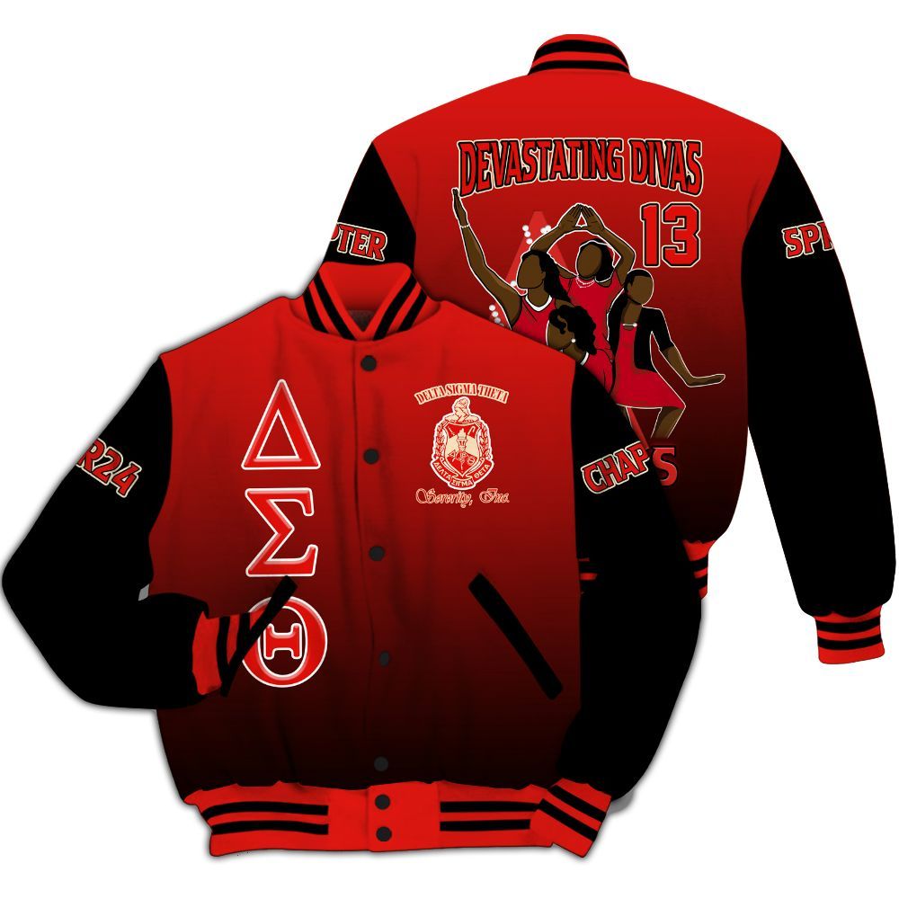 Ireishprint Delta Sigma Theta Custom Chapter Varsity Jacket, Detas Girls 1913 Crimson Gradient Jacket Delta Sigma Theta Sorority Jacket