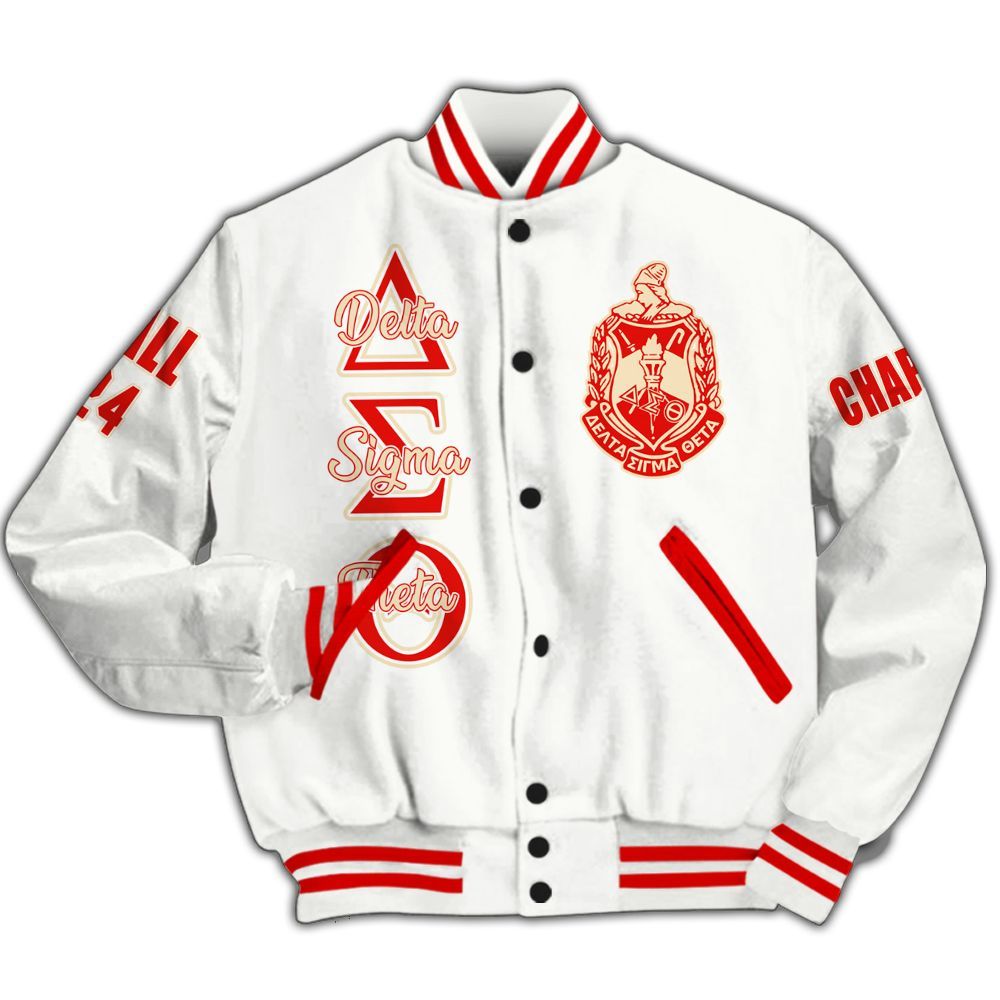 Ireishprint Delta Sigma Theta Custom Chapter Varsity Jacket, White Simple Style Delta Sigma Theta Sorority Jacket