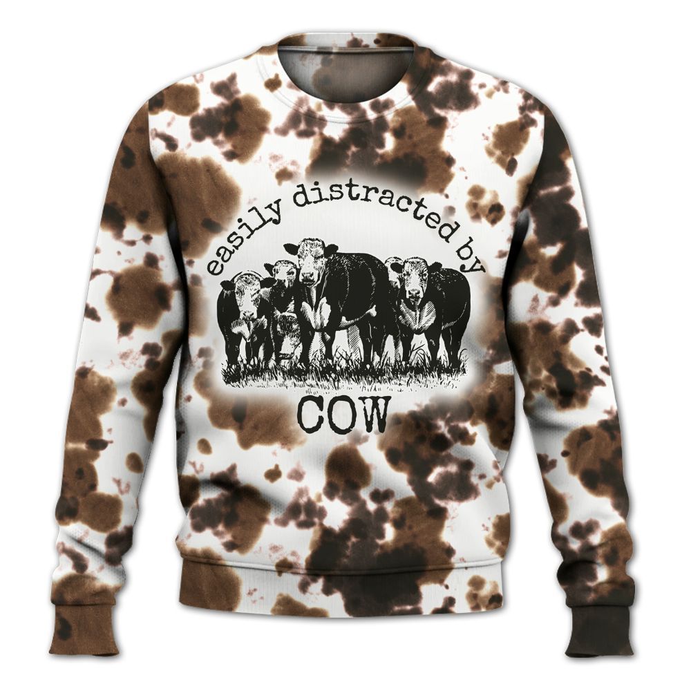 Amare Box Farm Shirt, Easily Distracted By Cow, Funny Farm Cow, Cute Farm Cow, Unisex Gift Shirt For Farmer Knitted Sweater