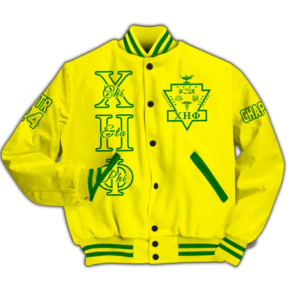Ireishprint Chi Eta Phi Custom Chapter Varsity Jacket, Personalized Lemon Yellow Varsity Jacket Chi Eta Phi Sorority Jacket