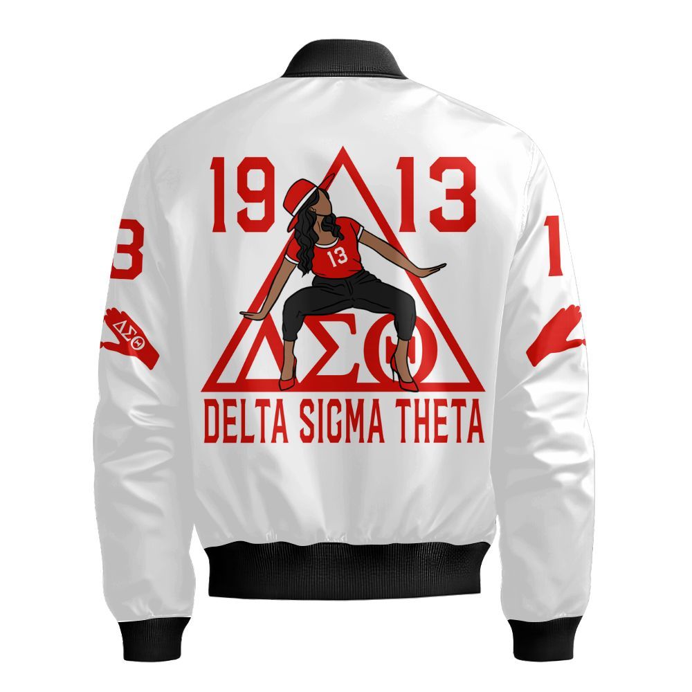 Ireishprint Delta Sigma Theta Bomber Jacket, Delta Girl Hand Sign White Bomber Jacket Delta Sigma Theta Sorority Bomber Jacket