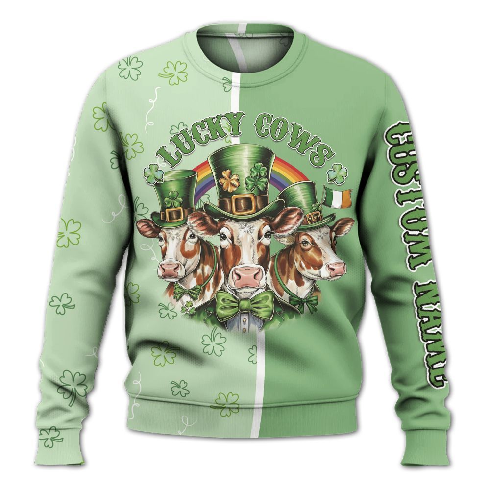 Amare Box Cow Farm Shirt, ST Patrick's Day Cow, Lucky Cows, Funny Cow, Highland Cow, Cow Shirt, Holiday Custom Name Gift For Cow Lover Knitted Sweater