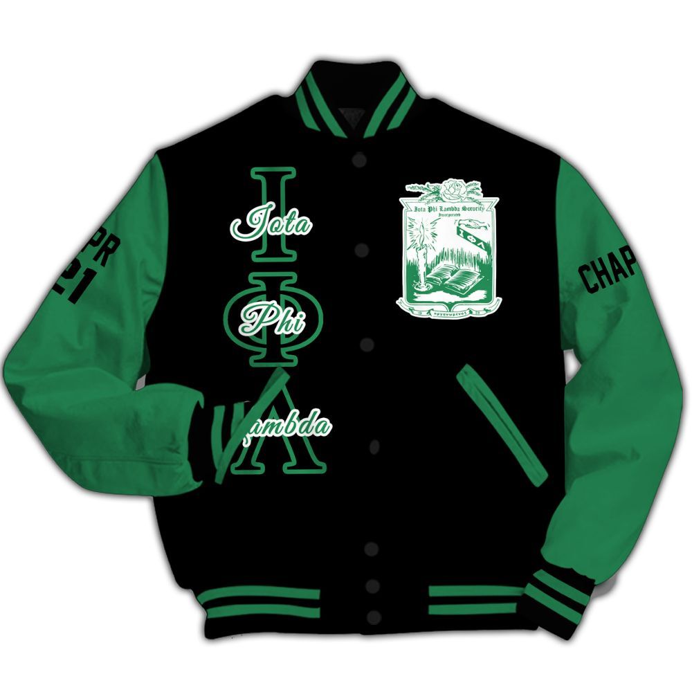 Ireishprint Iota Phi Lambda Custom Chapter Varsity Jacket, Personalized Black Mix Emerald Green Varsity Jacket Iota Phi Lambda Sorority Jacket