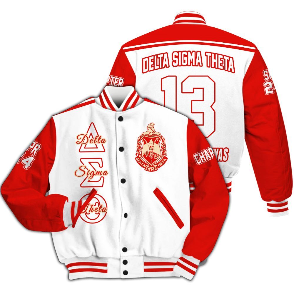 Ireishprint Delta Sigma Theta Custom Chapter Varsity Jacket, Personalized Sporty Style White Mix Crimson Jacket Delta Sigma Theta Sorority Jacket