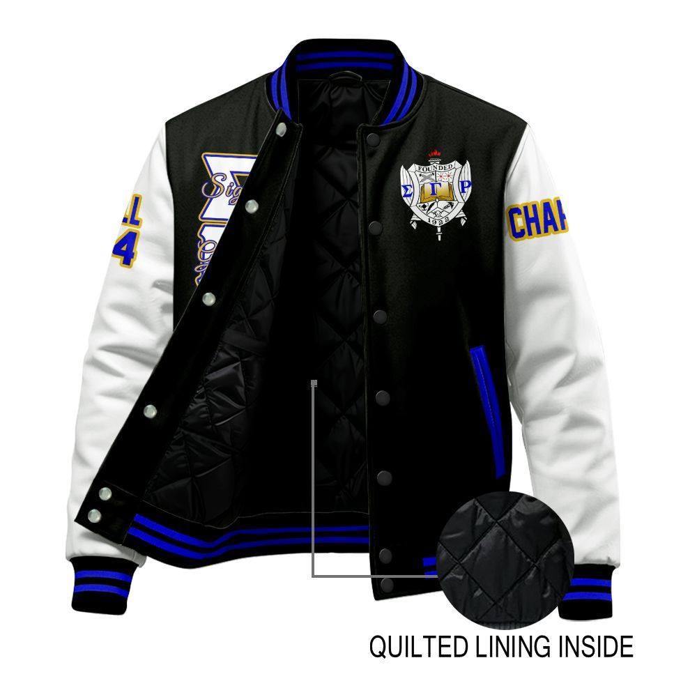 Ireishprint Tau Beta Sigma Custom Chapter Stitched Jacket, Personalized Black Mix White Sleeves Tau Beta Sigma Sorority Embroidered Jacket