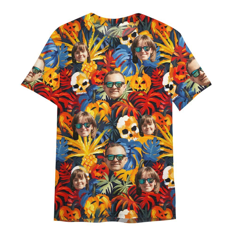 Amare Box Custom Face Halloween Hawaii Shirt, Magic Leaves Halloween Horror The Spooky Pumpkin Skull All Over Print Unisex Shirt