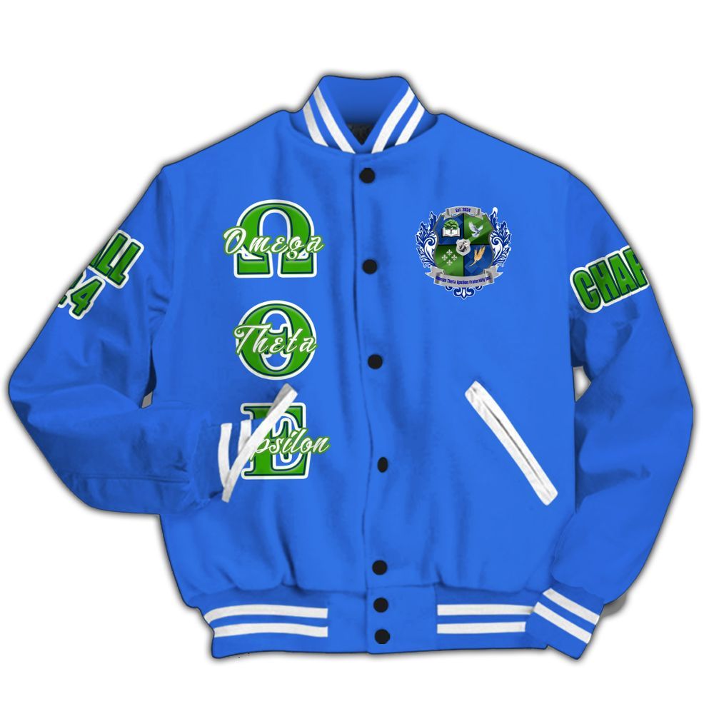 Ireishprint Omega Theta Epsilon Custom Chapter Varsity Jacket, Omega Theta Epsilon Fraternity Blue Custom Line Jacket Since 2024 Fraternity Jacket