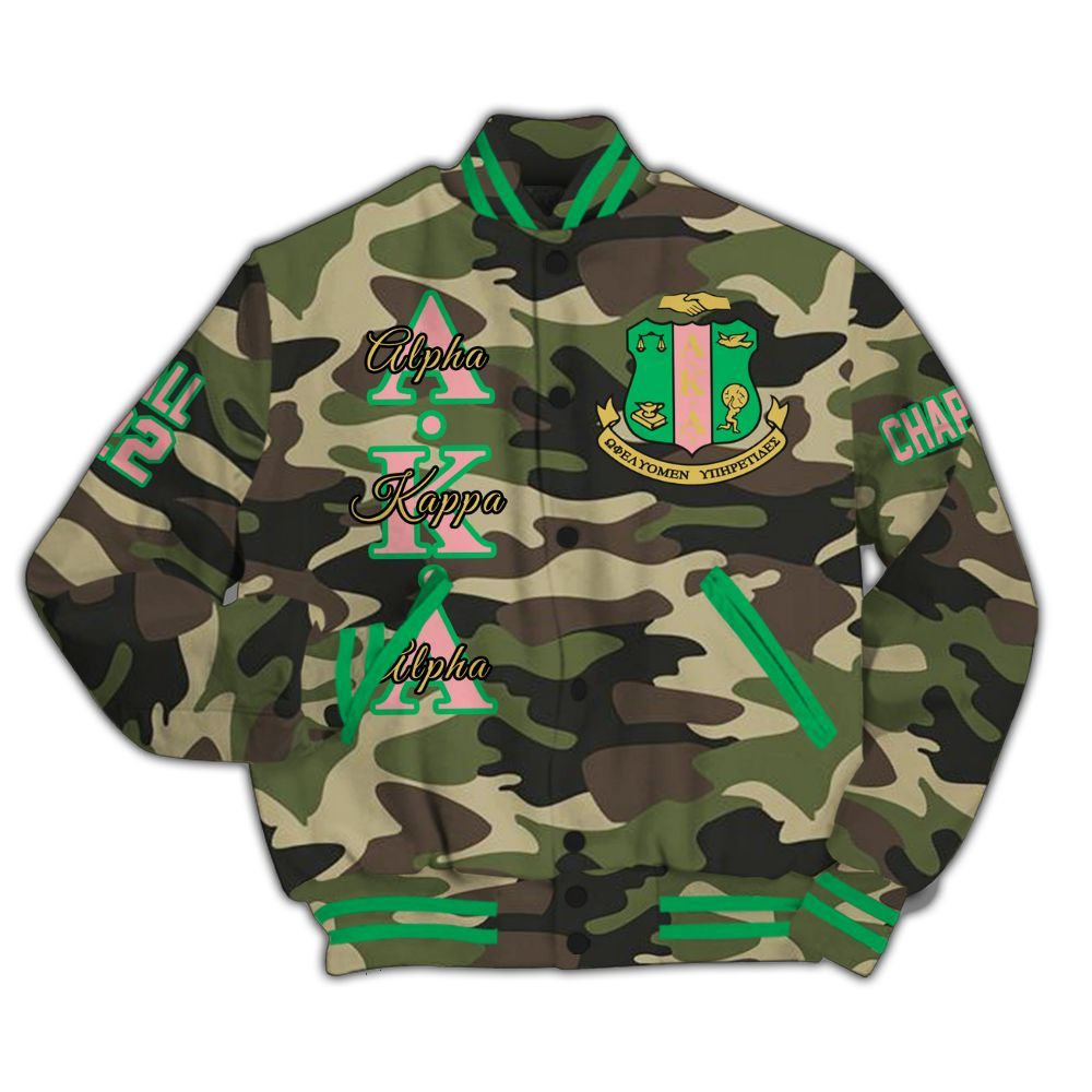 Ireishprint A.K.A Custom Chapter Varsity Jacket, Personalized Camo Style Varsity Jacket 1908 Sorority Jacket