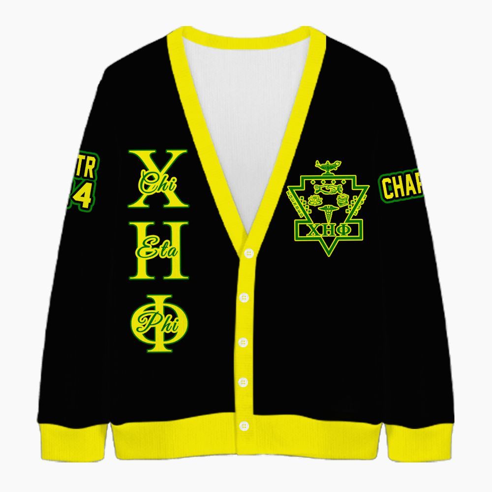 Ireishprint Chi Eta Phi Custom Chapter Cardigan, Personalized Black Lemon Yellow Cardigan Chi Eta Phi Sorority Knitted Cardigan