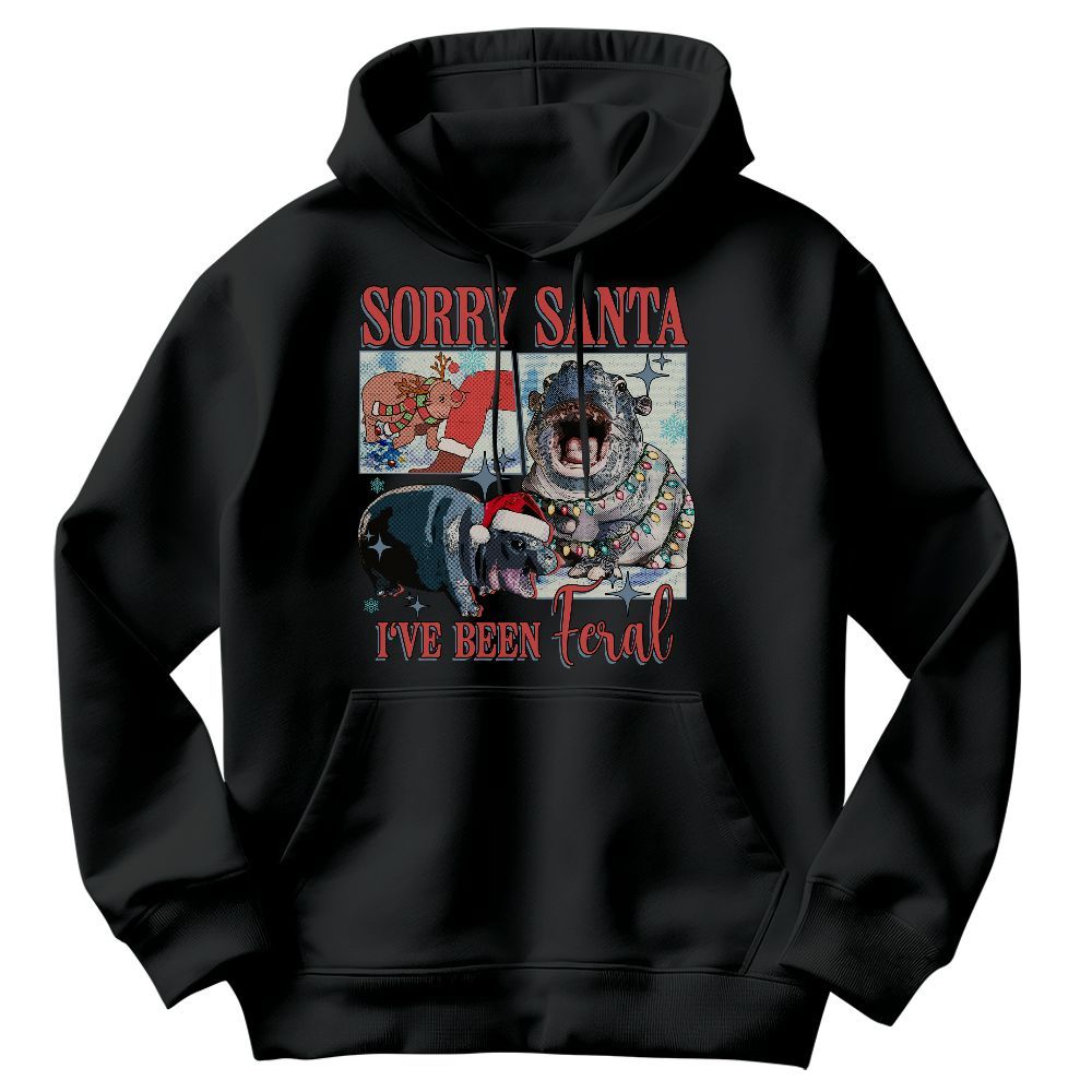 Amare Box Moo Deng Christmas Santa Hat Shirt, Sorry Santa I've Been Feral, MooDeng Hippo Meme Christmas Unisex Hoodie