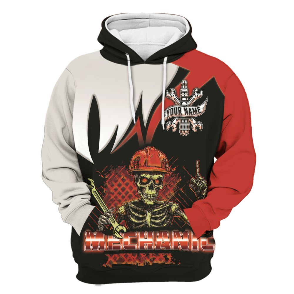 Amare Box Personalized Name Mechanic Skull All Over Printed Mechanic Unisex Gift Unisex Hoodie