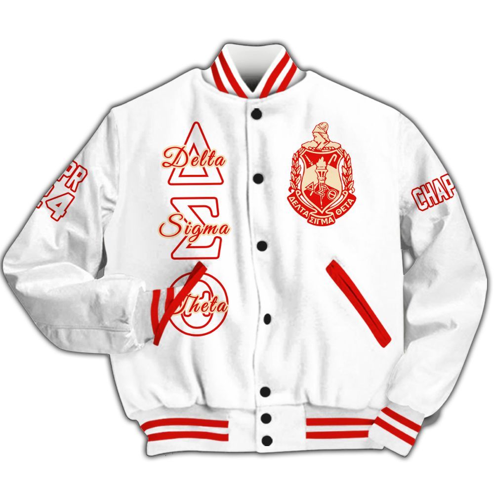Ireishprint Delta Sigma Theta Custom Chapter Varsity Jacket, Personalized White Varsity Jacket Delta Sigma Theta Sorority Jacket
