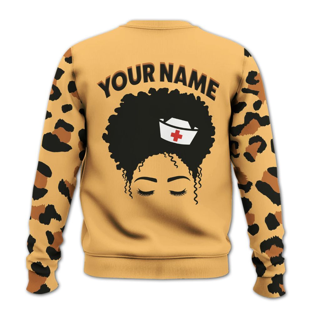 Amare Box Black Nurse Shirt, Black Nurse Leopard Print, Custom Name Shirt, Black Nurse Clipart, Gift For Black Nurse Knitted Sweater