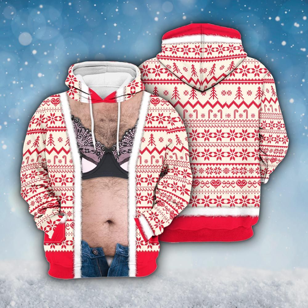 Amare Box Funny Red Bra Santa Christmas Ugly Sweater, Dad Santa Meme Xmas Gift Hairy Belly