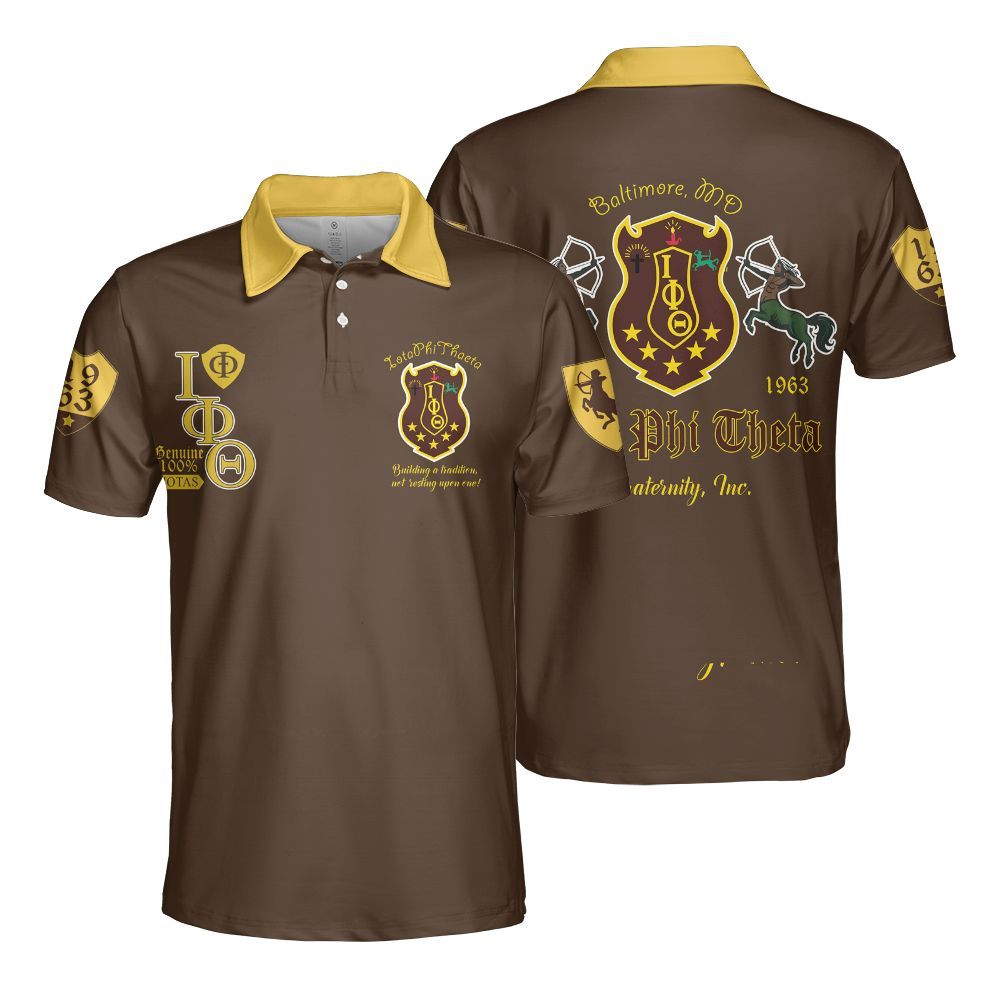 Ireishprint Iota Phi Theta Polo Shirt, Charcoal Brown Gold Sleeves 1963 Fraternity Polo Shirt