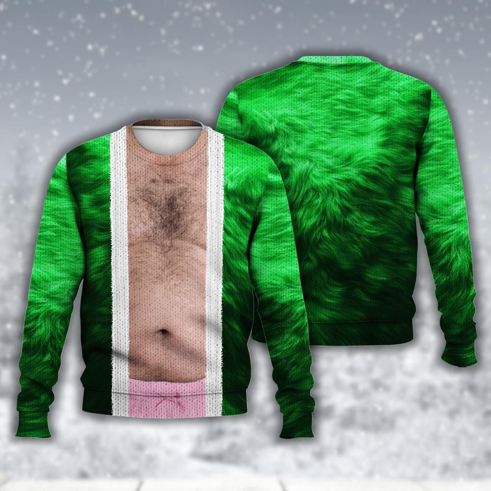 Amare Box Faux Real Green Fur Realistic Ugly Christmas Sweater, Santa Meme Funny Christmas Knit Xmas Design Gift