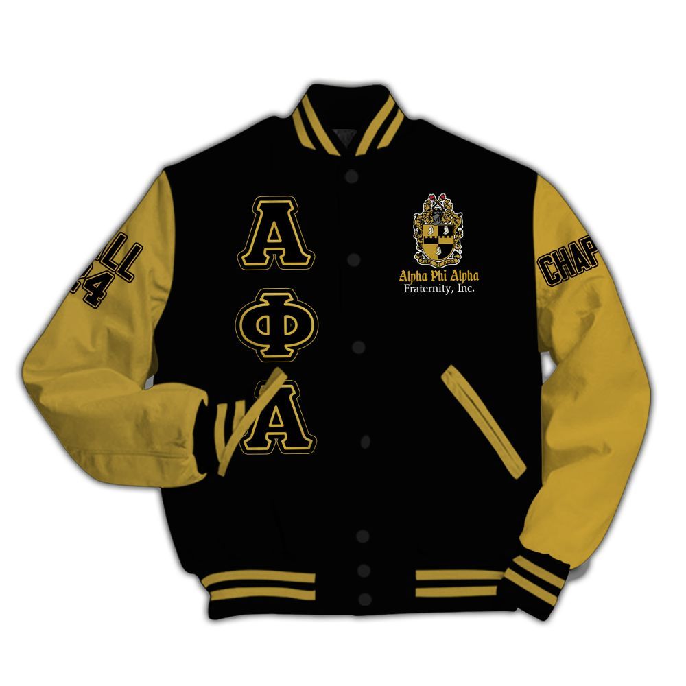 Ireishprint ΑΦΑ Custom Chapter Varsity Jacket, Black ΑΦΑ Lettered Gold Sleeves 1906 Fraternity Jacket