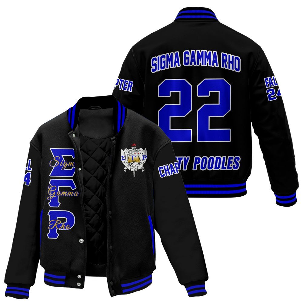 Ireishprint Sigma Gamma Rho Custom Chapter Stitched Jacket, Personalized Black Royal Blue Sigma Gamma Rho Sorority Embroidered Jacket