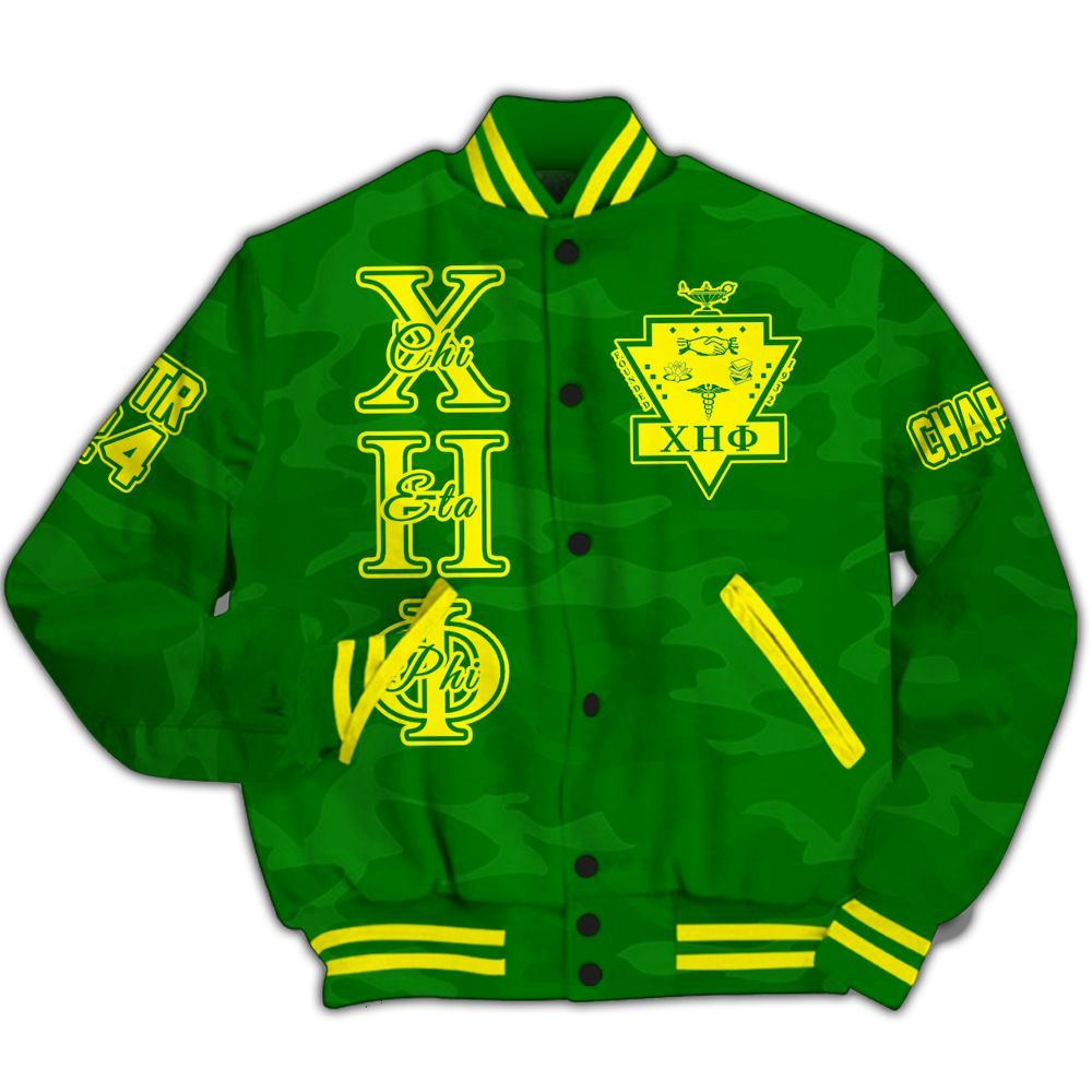 Ireishprint Chi Eta Phi Custom Chapter Varsity Jacket, Personalized Camo Style Pea Green Jacket Chi Eta Phi Sorority Jacket