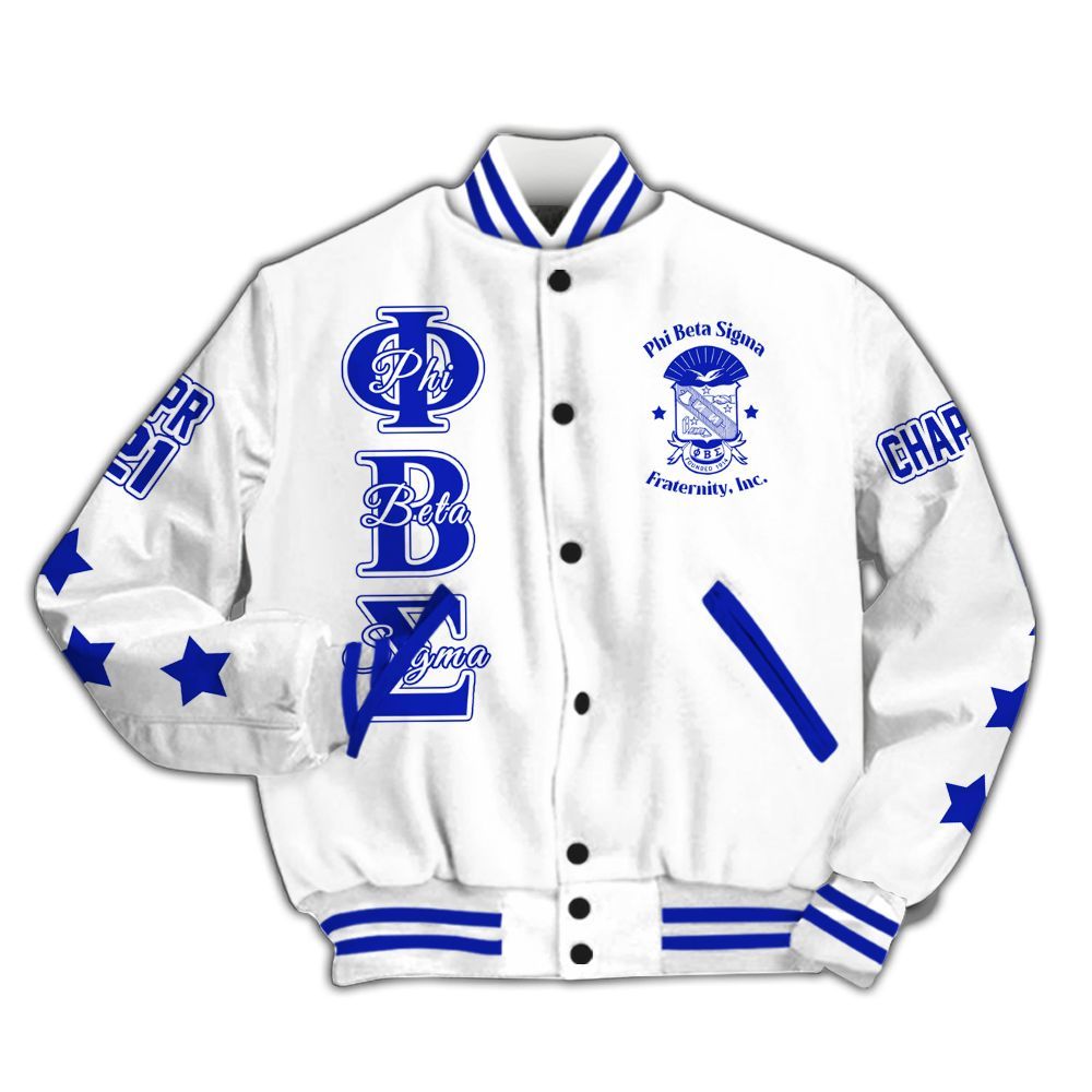 Ireishprint Phi Beta Sigma Custom Chapter Varsity Jacket, Personalized Three Stars White Royal Blue Varsity Jacket Phi Beta Sigma Fraternity Jacket