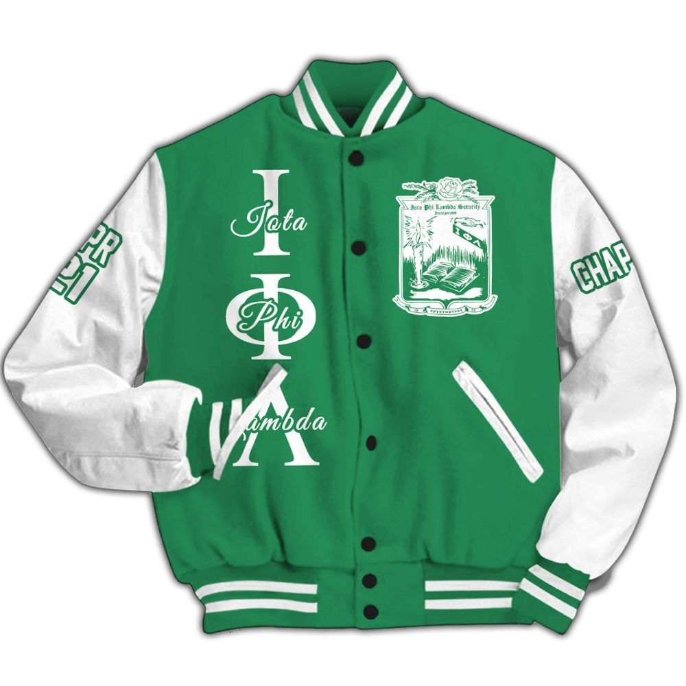 Ireishprint Iota Phi Lambda Custom Chapter Varsity Jacket, Personalized Emerald Green Mix White Iota Phi Lambda Since 1929 Sorority Jacket
