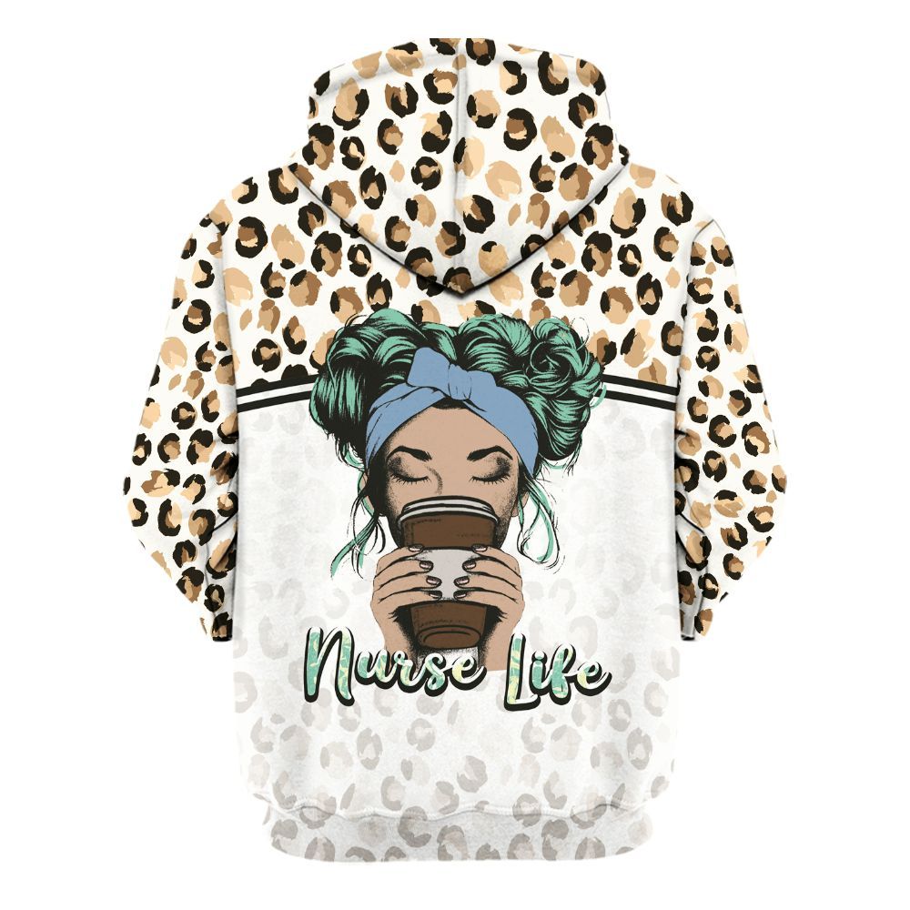 Amare Box Nurse Shirt, Coffee, Scrubs, And Rubber Gloves Leopard Print Custom Name Shirt, Nurse Life, Nurse Coquette, Nurse Stuff Unisex Hoodie