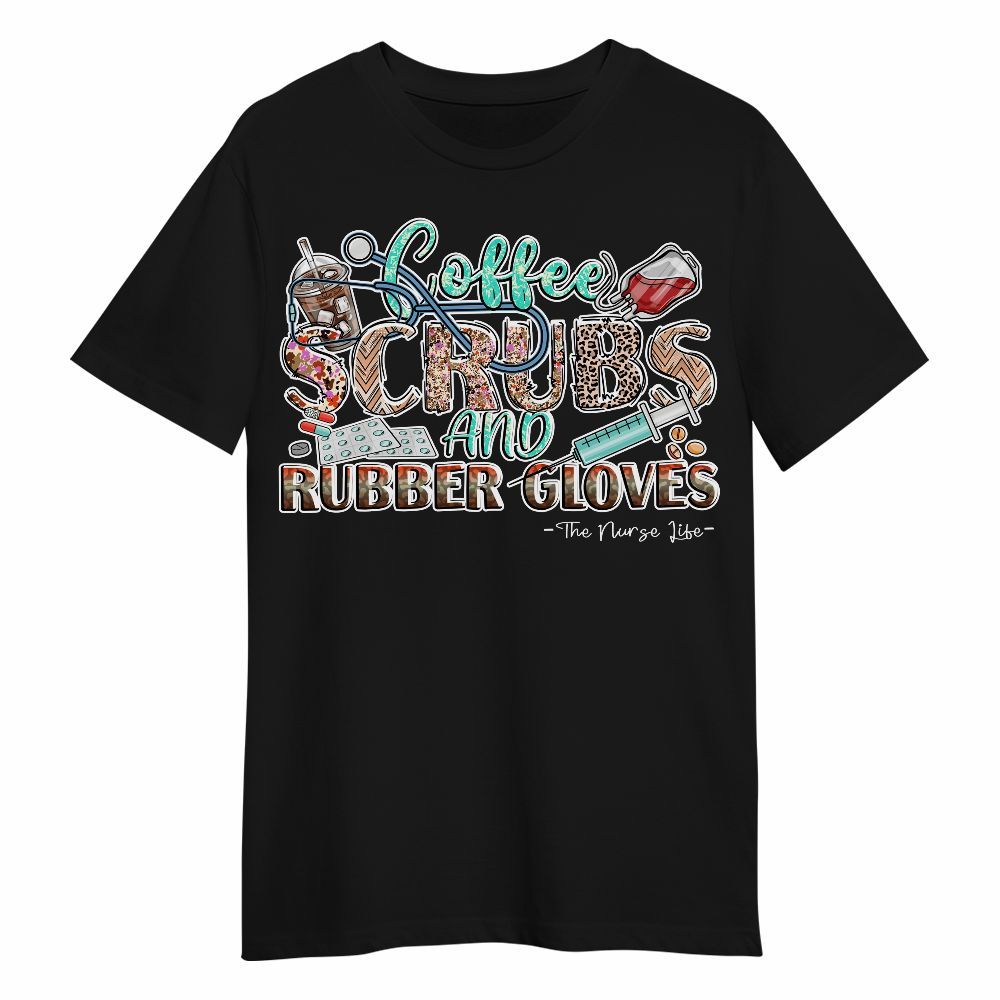 Amare Box Nurse Shirt, Coffee, Scrubs, And Rubber Gloves Leopard Print, Nurse Life, Nurse Coquette, Nurse Stuff Unisex Shirt