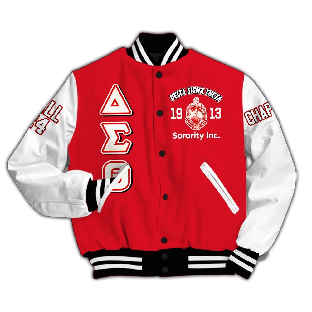 Ireishprint Delta Sigma Theta Custom Chapter Varsity Jacket, Delta Sigma Theta Crimson Jacket White Sleeve 1913 Sorority Jacket
