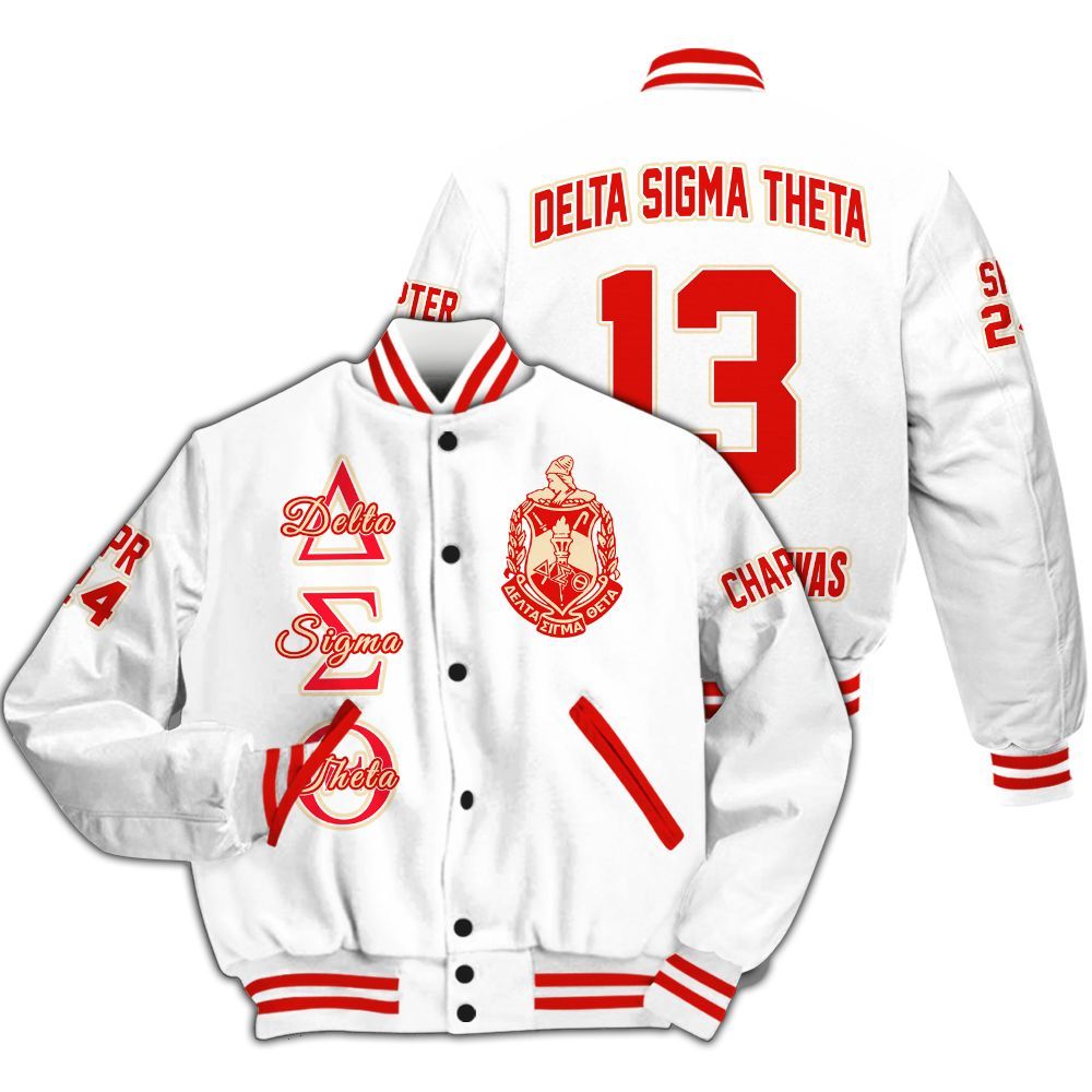 Ireishprint Delta Sigma Theta Custom Chapter Varsity Jacket, Personalized White Crimson Varsity Jacket Delta Sigma Theta Since 1913 Sorority Jacket
