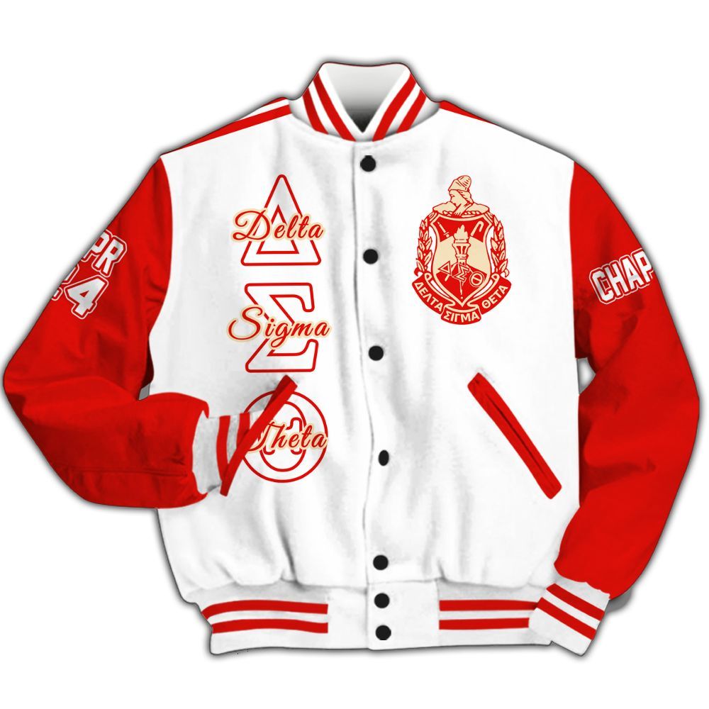 Ireishprint Delta Sigma Theta Custom Chapter Varsity Jacket, Personalized Sporty Style White Mix Crimson Jacket Delta Sigma Theta Sorority Jacket