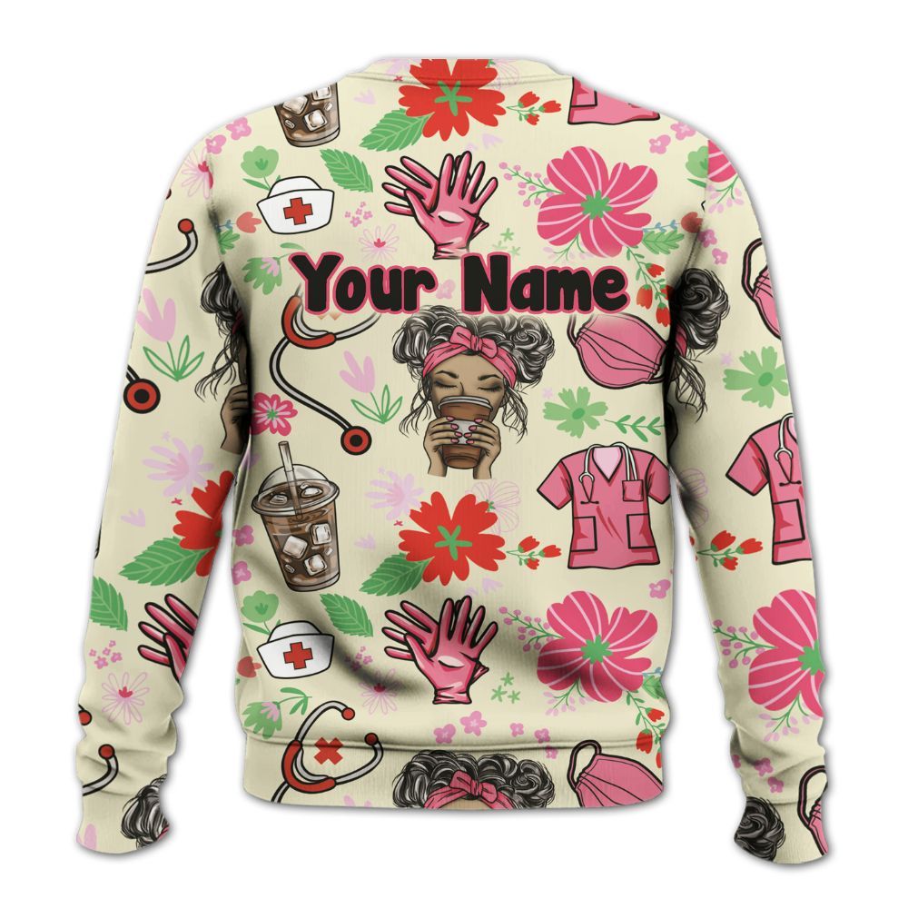 Amare Box Nurse Shirt, Coffee, Scrubs, Rubber Gloves, Messy Bun, Custom Name Shirt, Floral Nurse, Nurse Clipart, Gift For Nurse Knitted Sweater