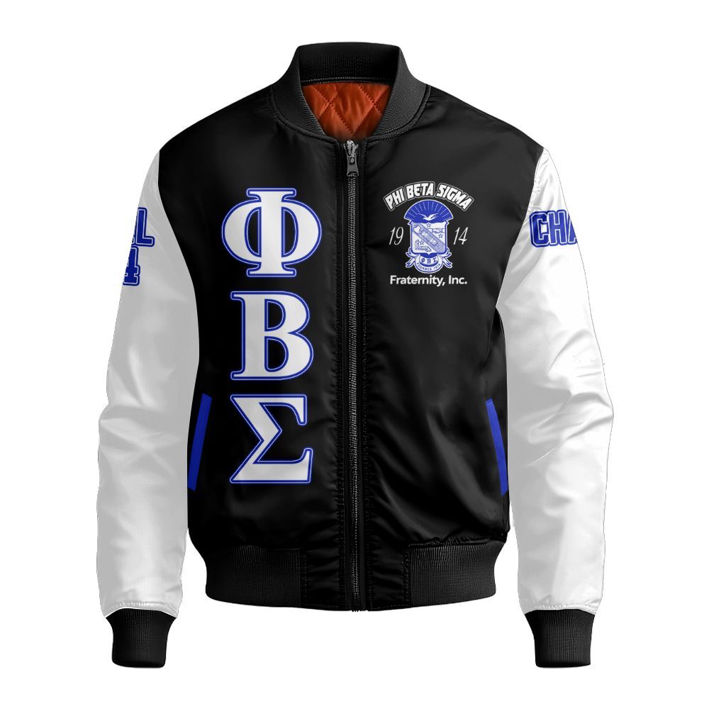 Ireishprint ΦΒΣ Custom Chapter Bomber Jacket, Personalized Black Jacket White Sleeve 1914 Fraternity Bomber Jacket