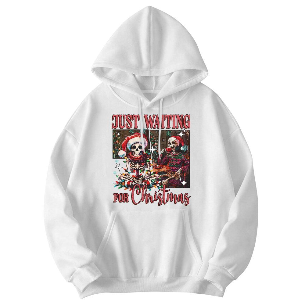 Amare Box Skeleton Santa Just Waiting For Christmas Shirt, Santa Hat Christmas, Funny Santa Holiday Xmas Unisex Hoodie
